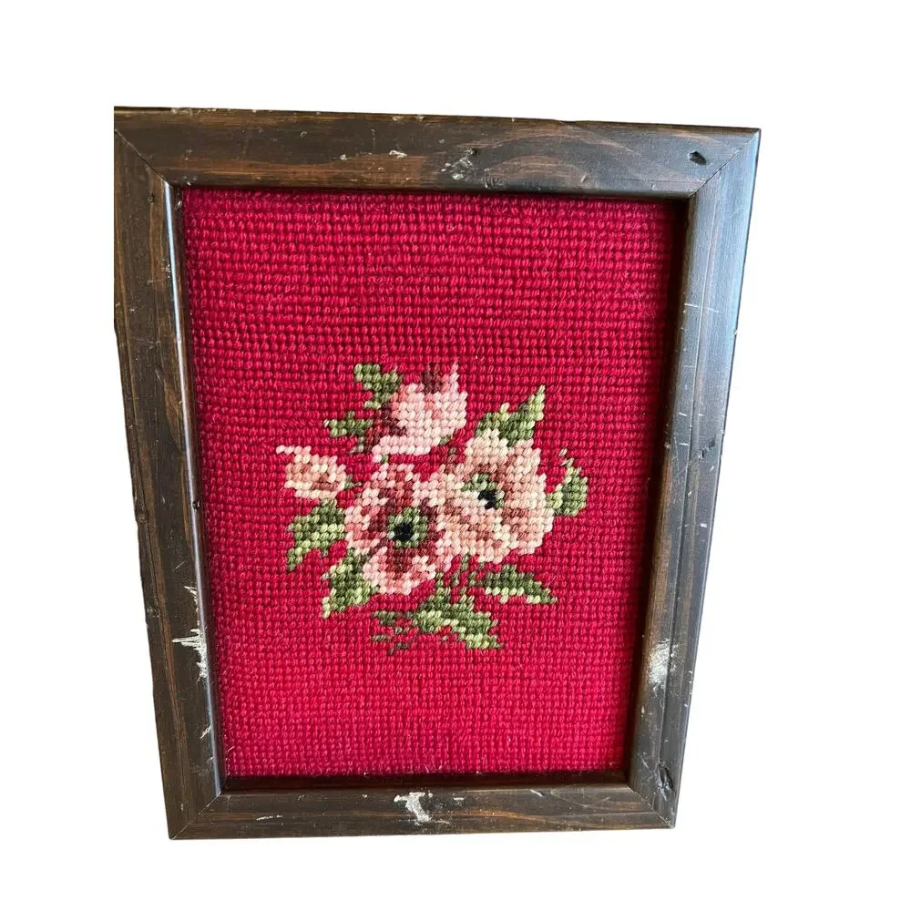 Pair of Vintage framed Finished needlepoint pieces Floral